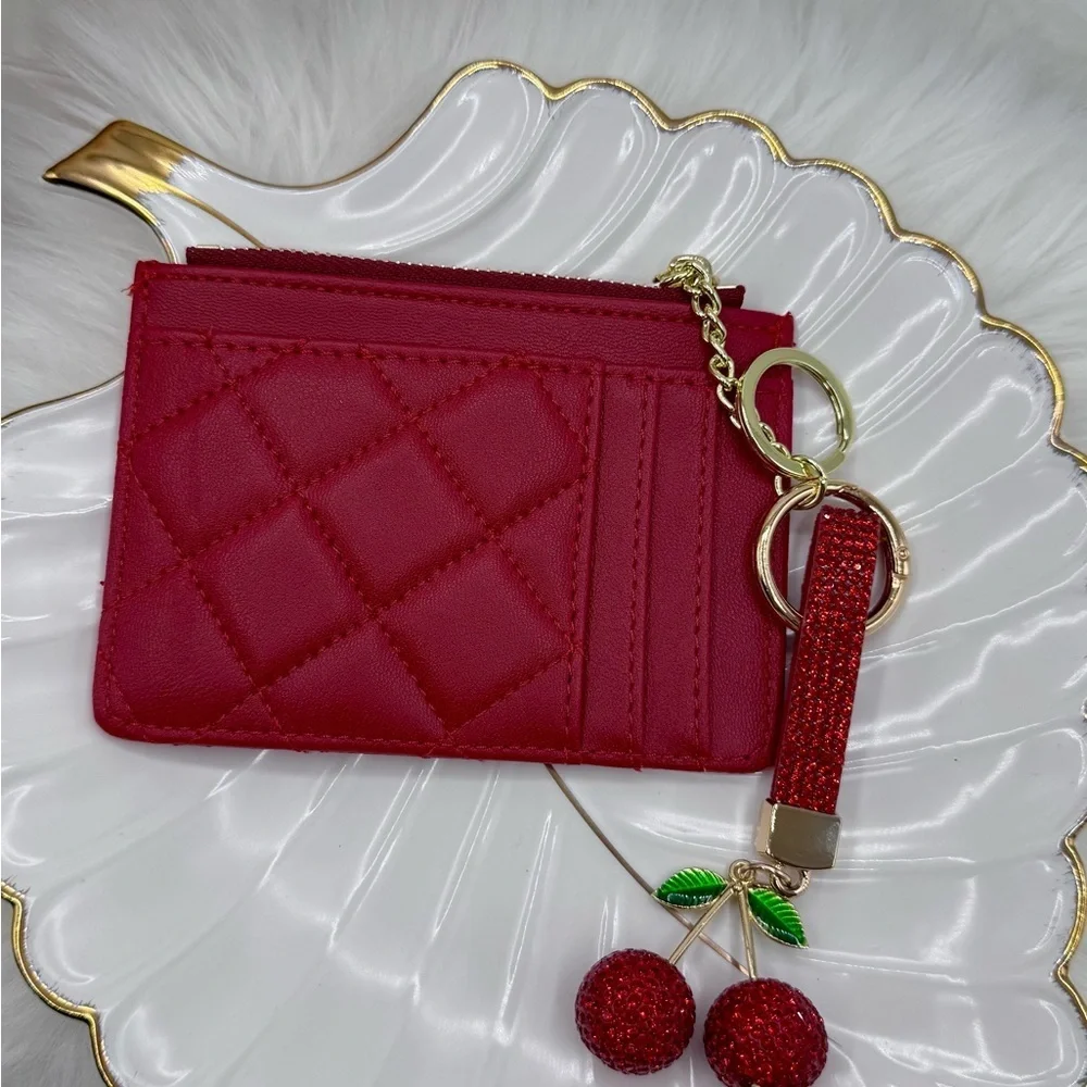 Red Quilted Card Holder Wallet w/ Cherry Rhinestone Keychain Zipper Coin